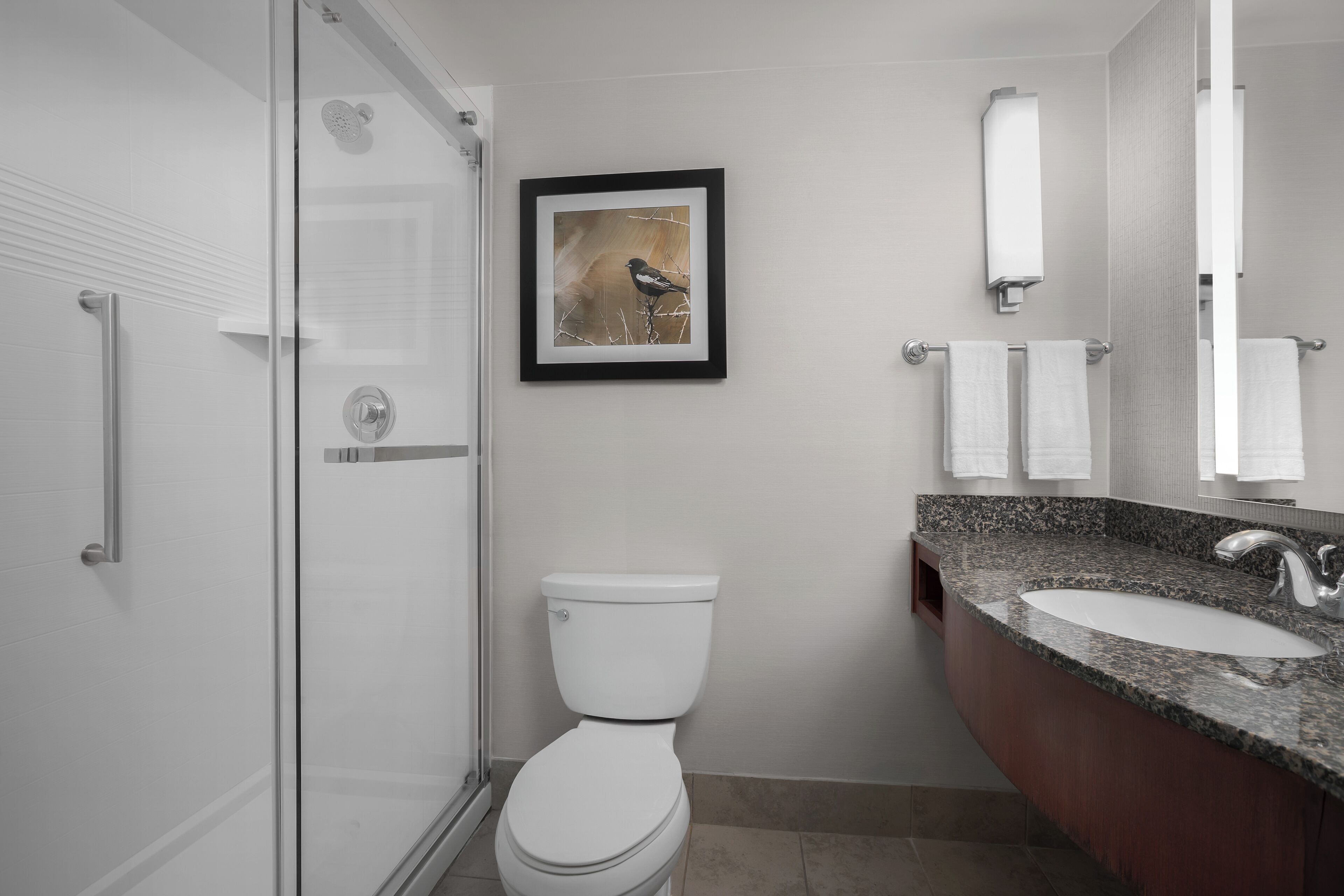 A modern bathroom with a glass shower enclosure, a white toilet, a granite countertop sink, and a framed artwork above the toilet.