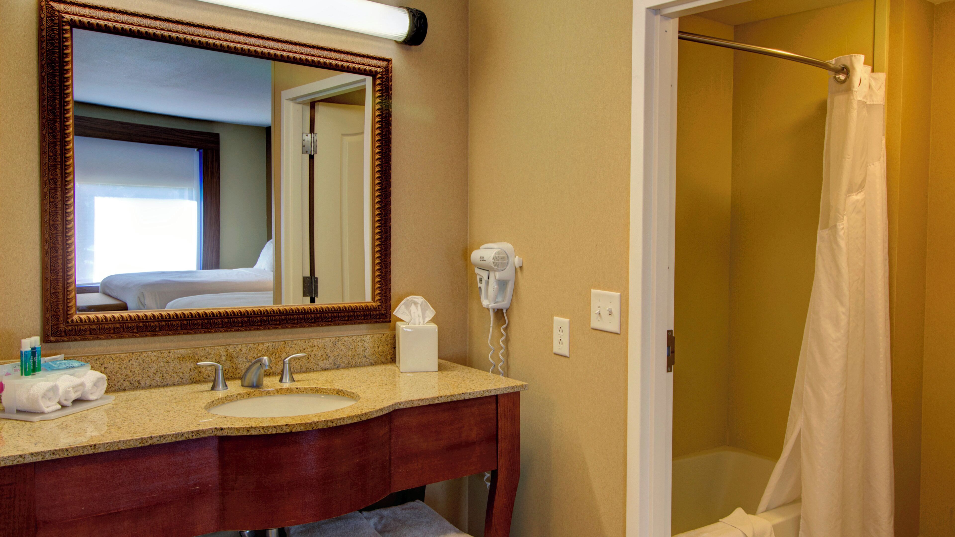 A bathroom with a double sink vanity, a large mirror, a hairdryer, and a shower curtain.