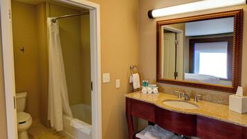Une salle de bain équipée d’une douche, de toilettes, d’un lavabo et d’un miroir.