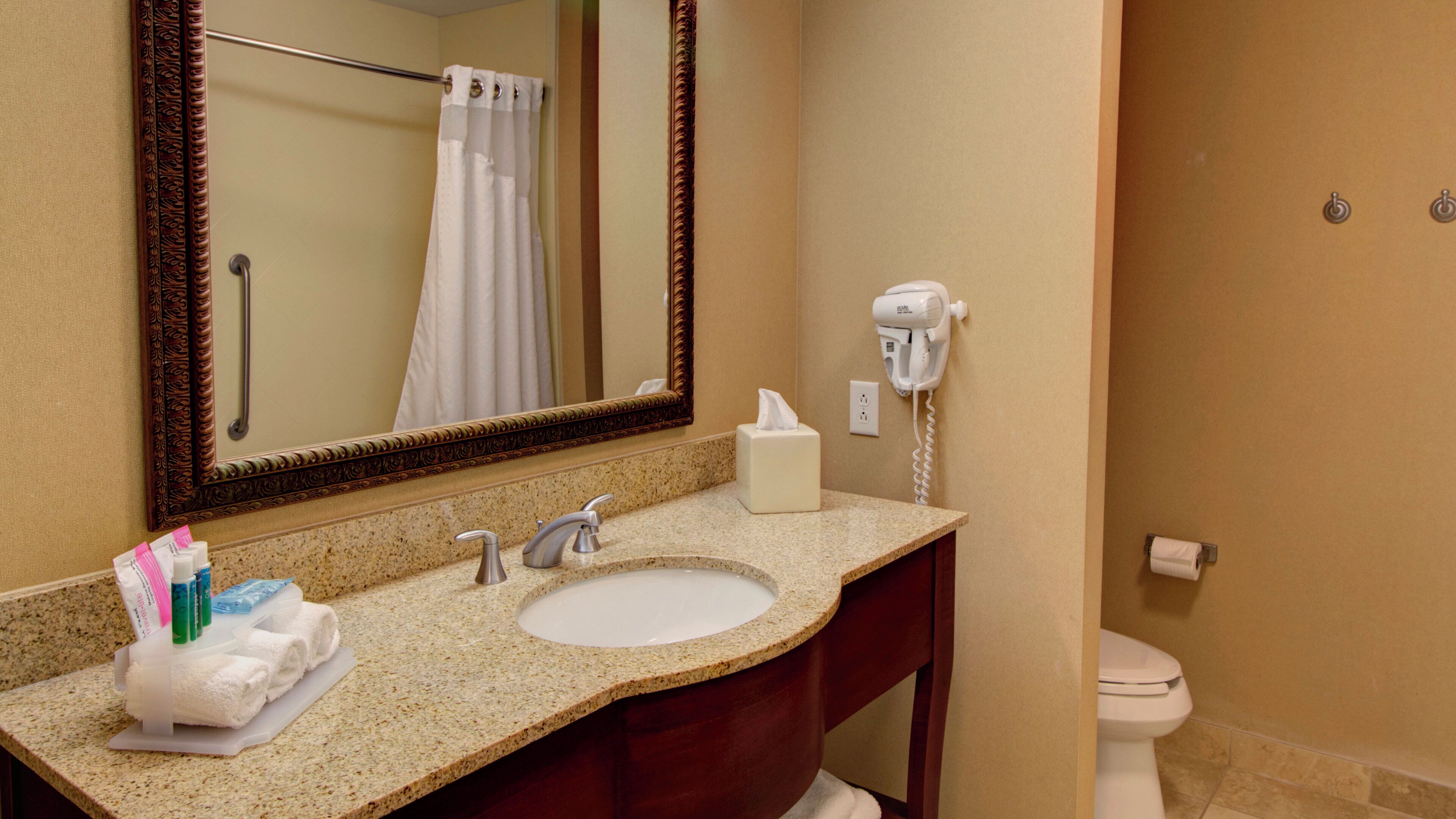 A bathroom with a granite countertop sink, a mirror with an ornate frame, a towel rack, a hair dryer, and a toilet.