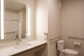 A bathroom with a sink, mirror, toilet, and handrails.
