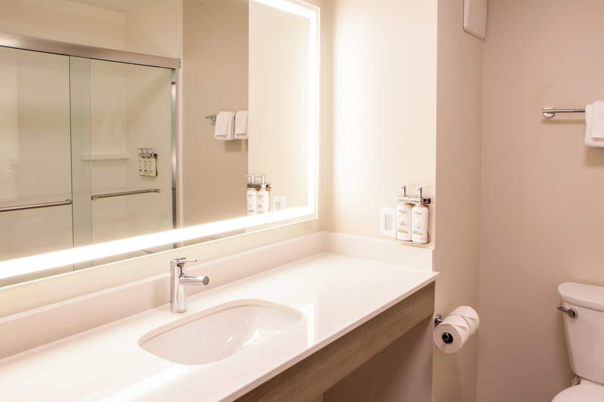 Une salle de bain avec un grand miroir, un lavabo, des toilettes et un porte-serviettes.