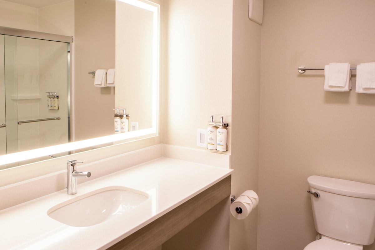 Een badkamer met een grote spiegel, een wastafel, een toilet en een handdoekhouder.
