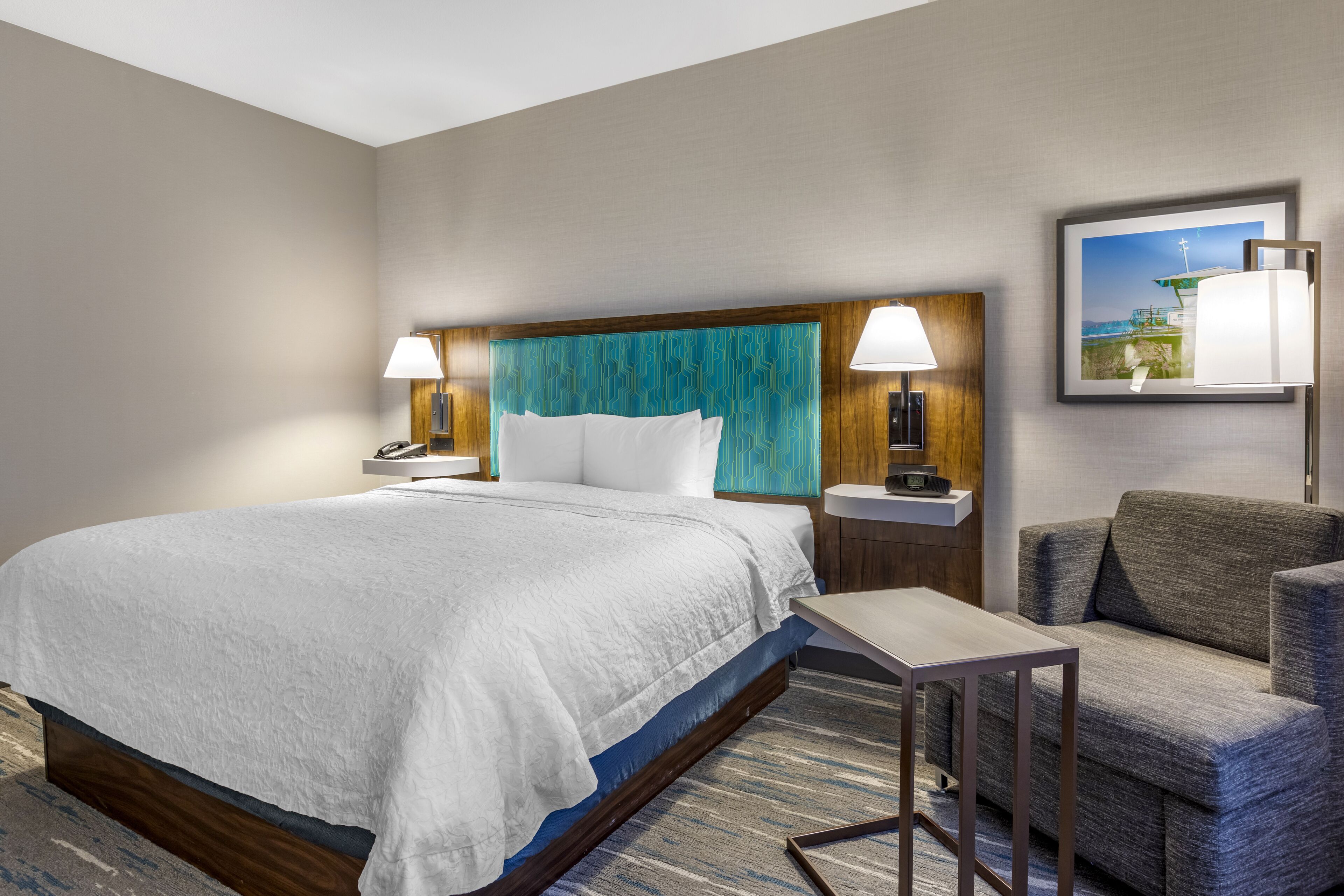 Hypo-allergenic bedding, desk, blackout drapes, iron/ironing board