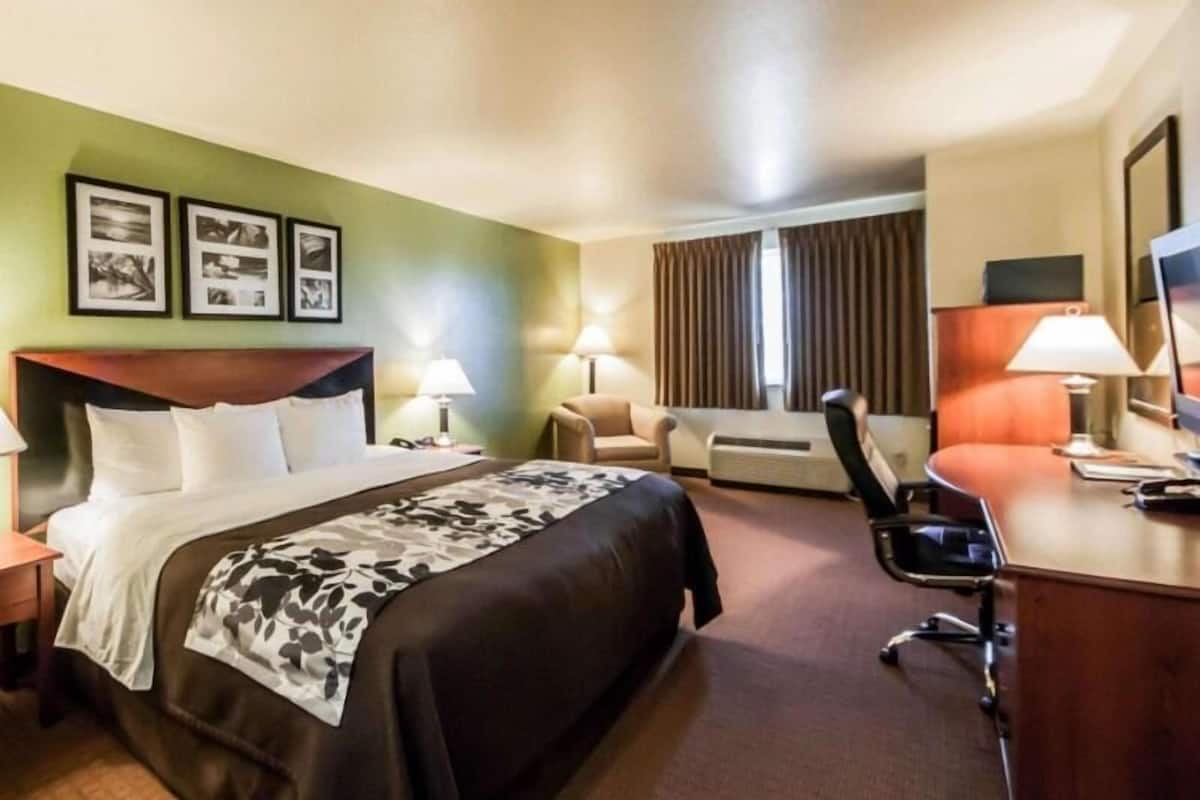 A hotel room with a bed, a desk, a chair, a desk lamp, a television, and a window with curtains.