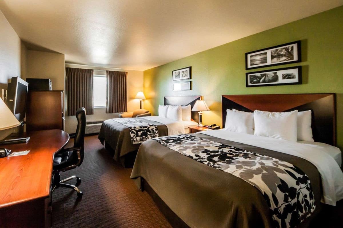 A hotel room with two beds, a desk, a chair, a TV, and a window with curtains.