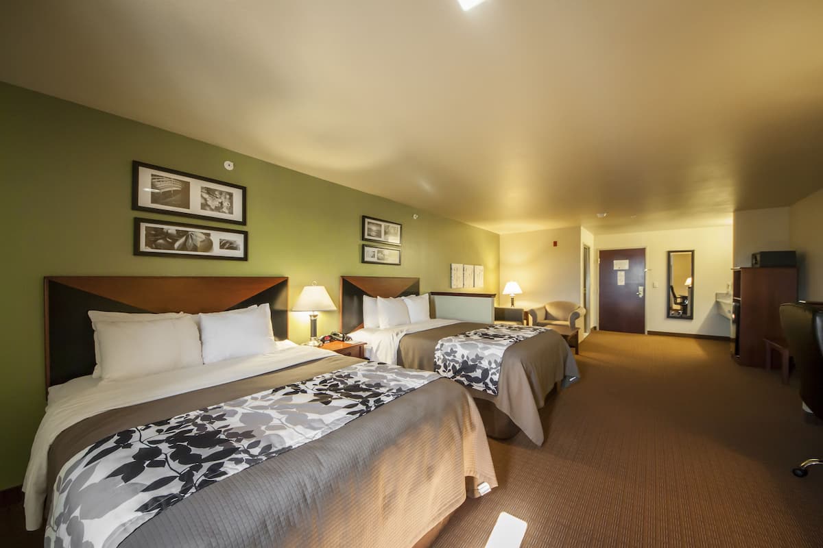 A hotel room with two beds, a desk, a chair, a TV, and framed pictures on the wall.