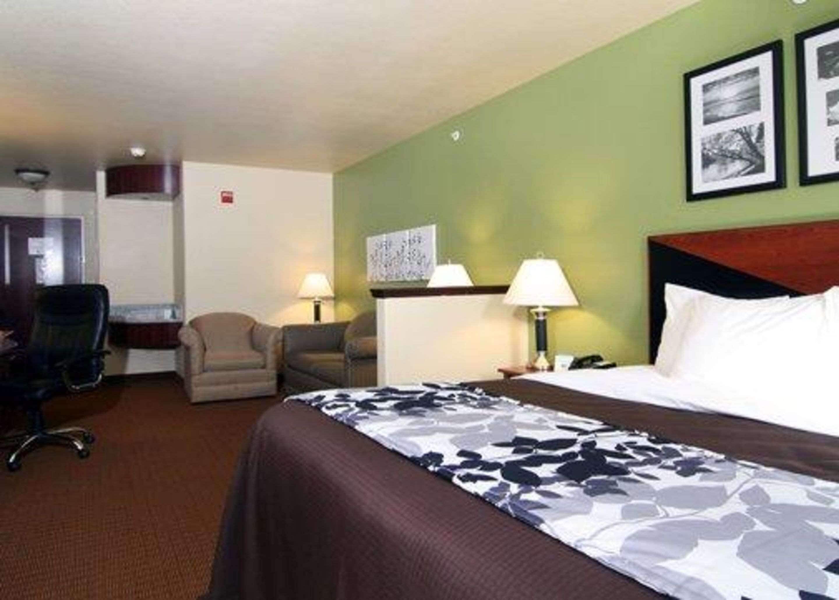 A hotel room with a bed, two chairs, a desk, and a lamp.