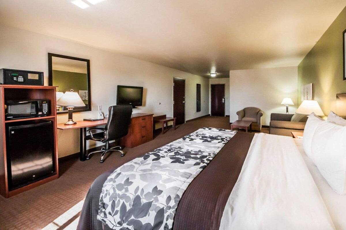A hotel room with a bed, desk, chair, and a microwave.