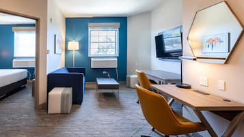 Laptop workspace, blackout drapes, soundproofing, iron/ironing board