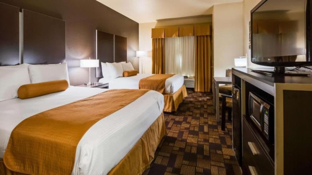 Habitación de hotel con dos camas, televisión, escritorio y alfombra estampada.