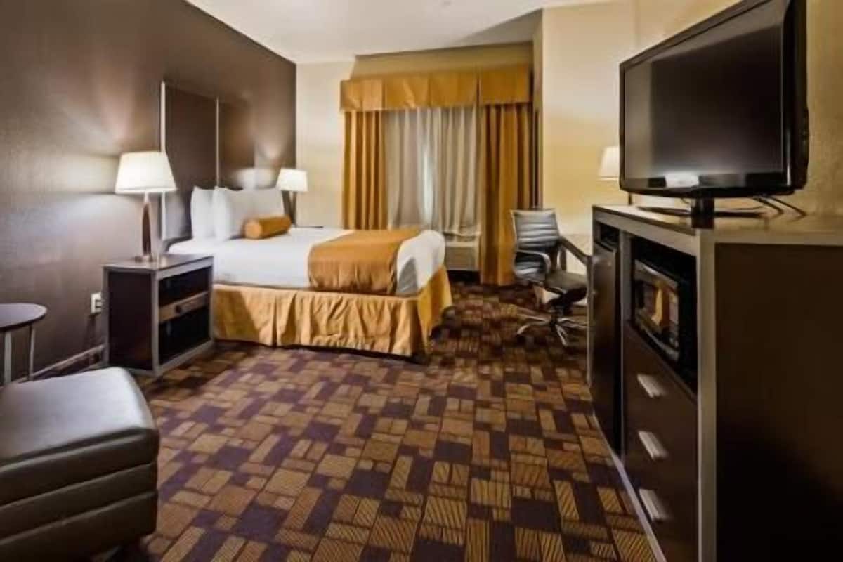 Una habitación de hotel con cama, escritorio, televisor y una silla.