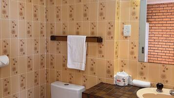 Une salle de bain avec des toilettes, un lavabo et un miroir.