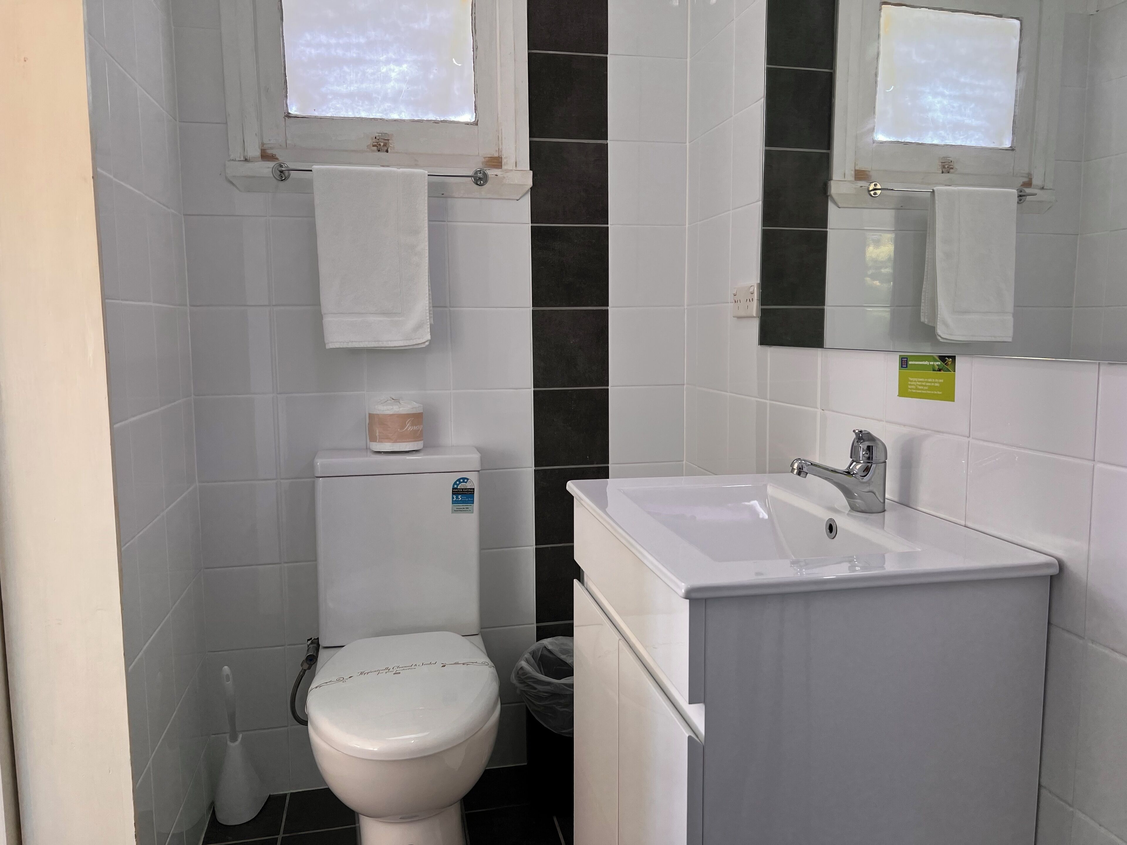 Un baño con inodoro, lavabo y espejo.