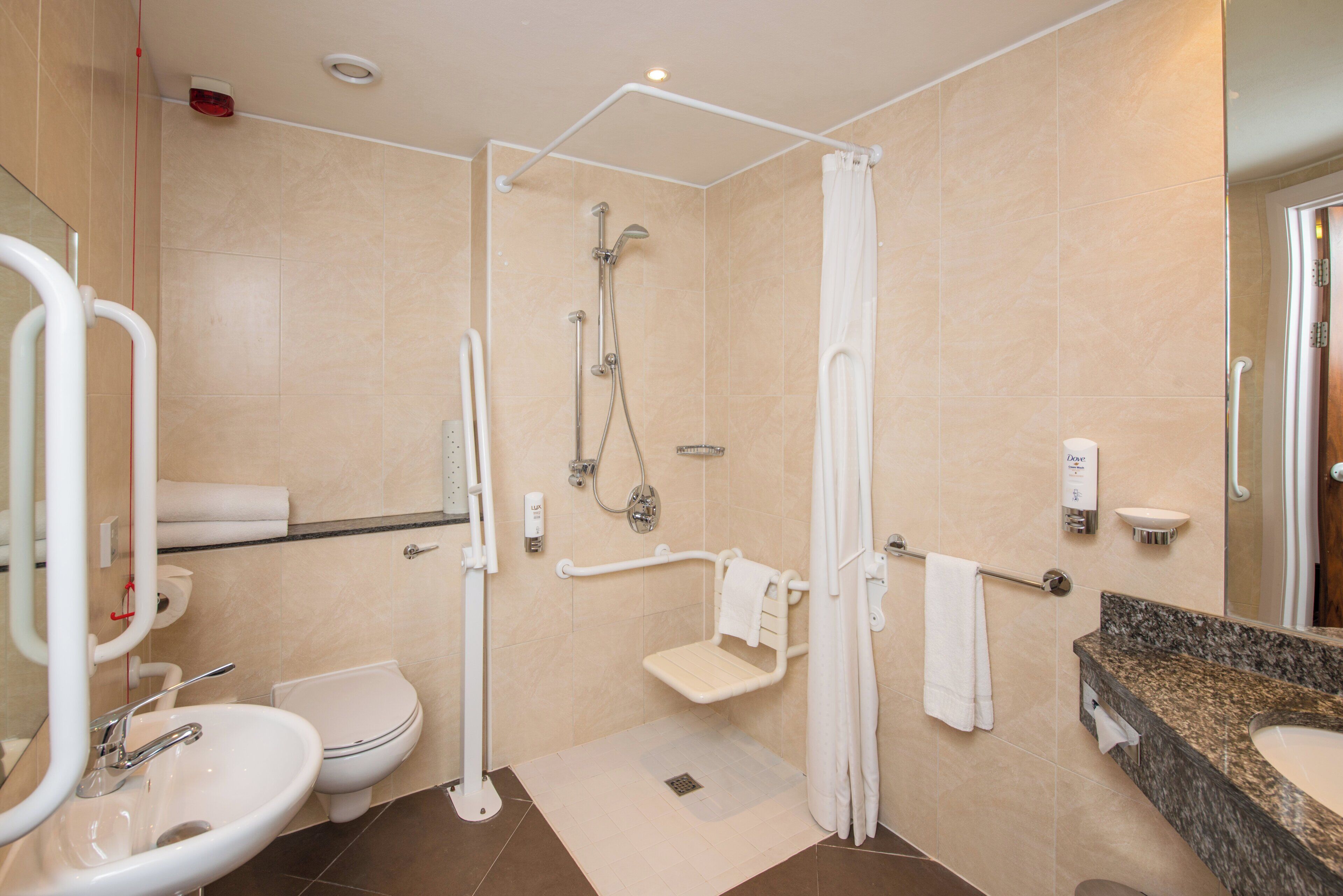 A modern bathroom with a walk-in shower, a toilet, and a sink.