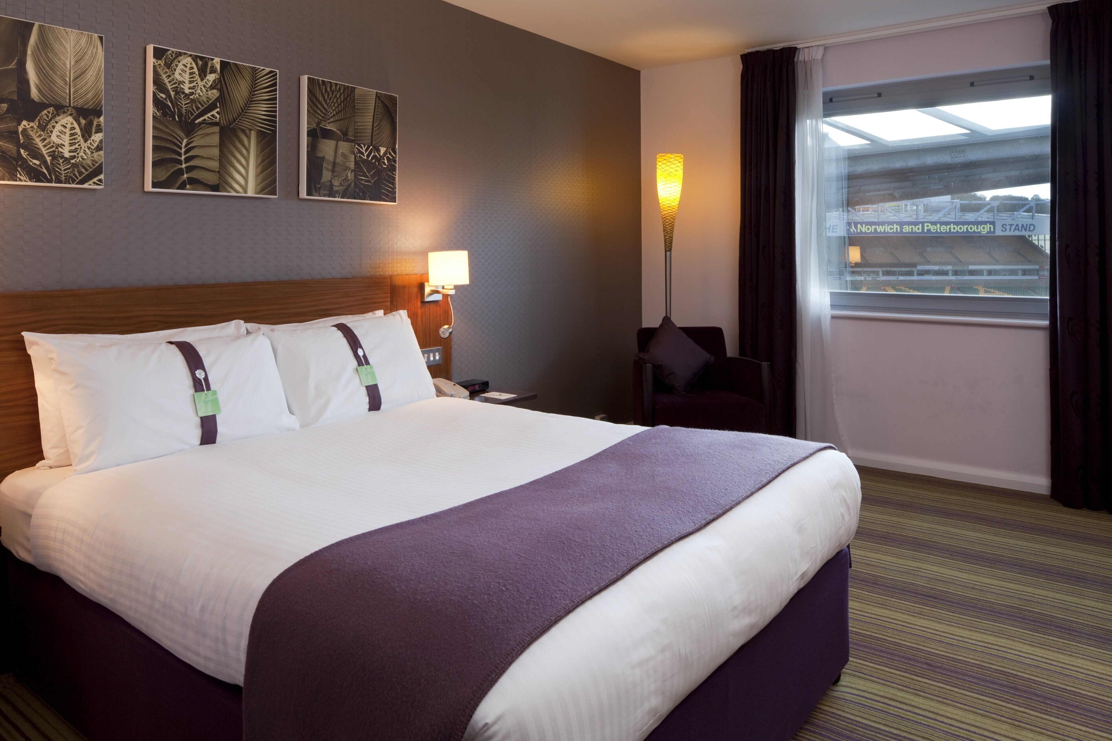 A hotel room with a large bed, a nightstand, a lamp, and a window with a view of a stadium.