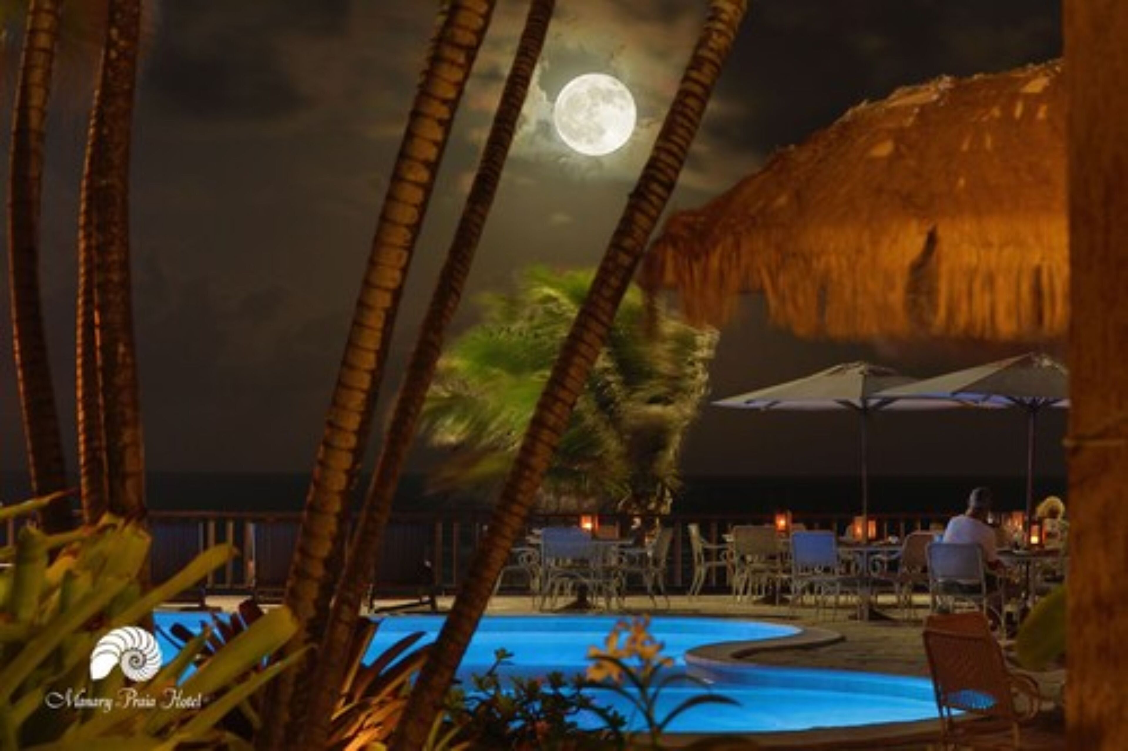 Zona de piscina con una sombrilla de paja, palmeras y una luna en el cielo.