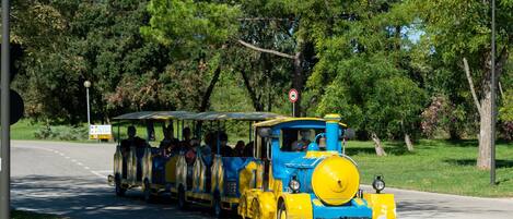 A blue and yellow train with passengers, traveling on a road surrounded by trees.