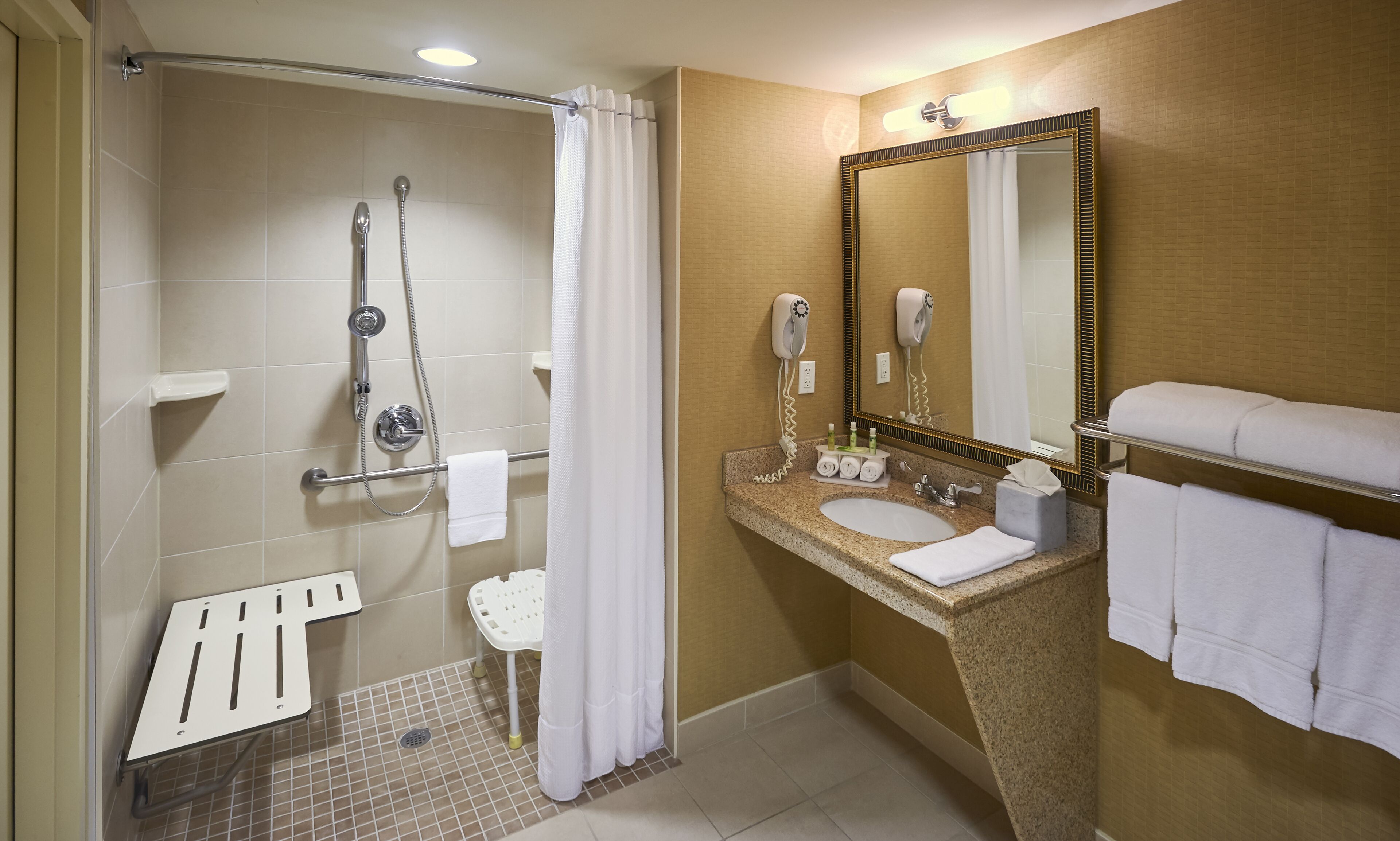room, 1 king bed, transfer shower, non smoking (mobility, transfer shower) | bathroom | combined shower/bathtub, hair dryer, towels