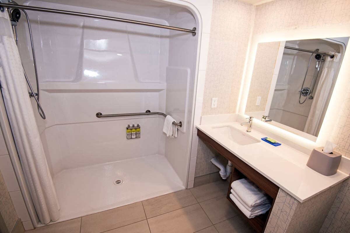 A modern bathroom with a walk-in shower, a sink, and a mirror.