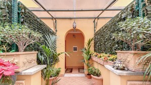 Une cour intérieure abritée, agrémentée de plantes en pot et où l’on peut apercevoir une tortue sur une étagère.