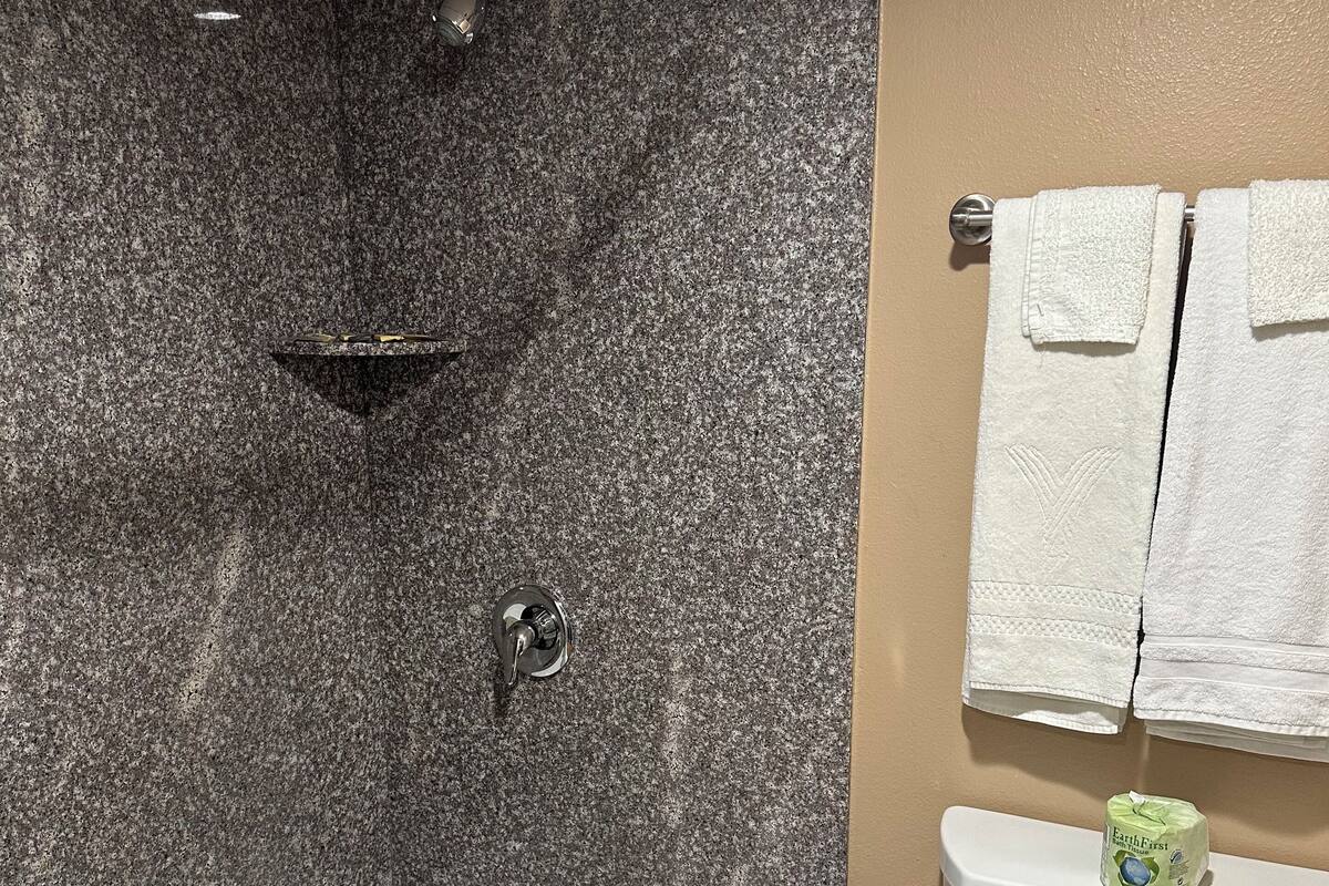 A bathroom with a bathtub, a toilet, and a shower.