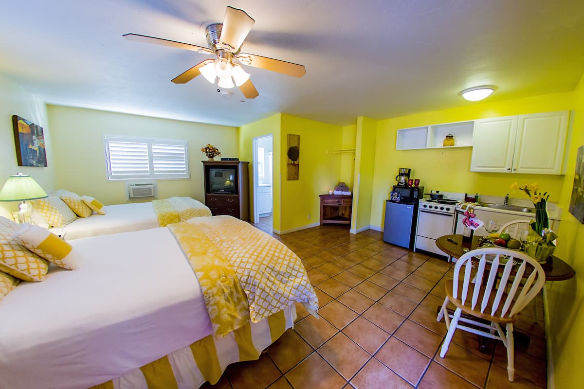 A compact room with two beds, a kitchenette, a ceiling fan, and a chair.