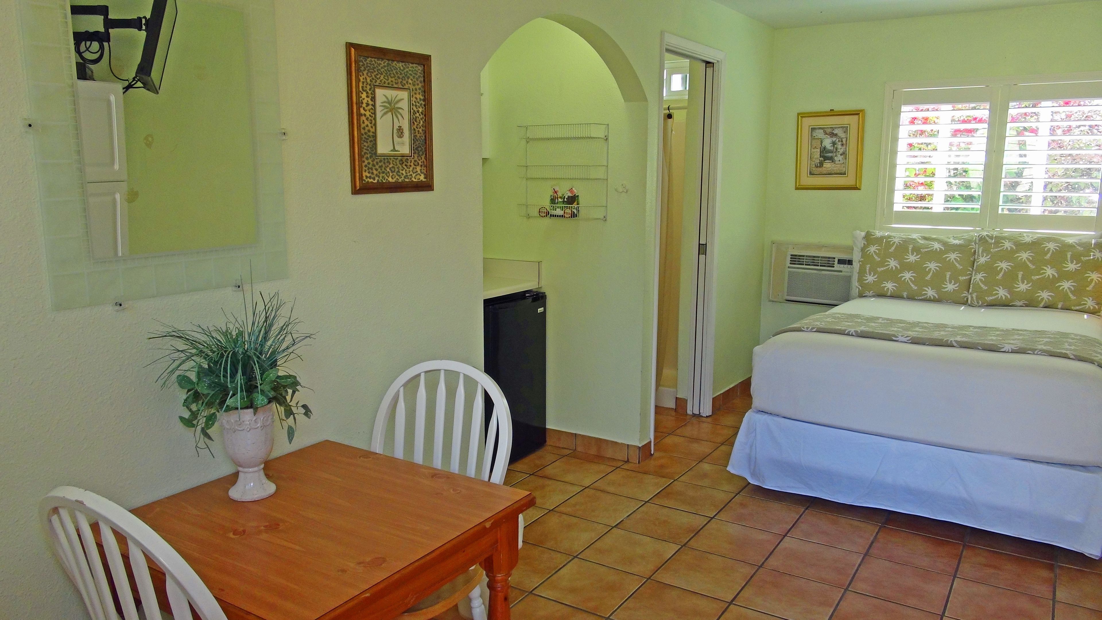 A room with a bed, a dining table with chairs, a small refrigerator, and a potted plant.