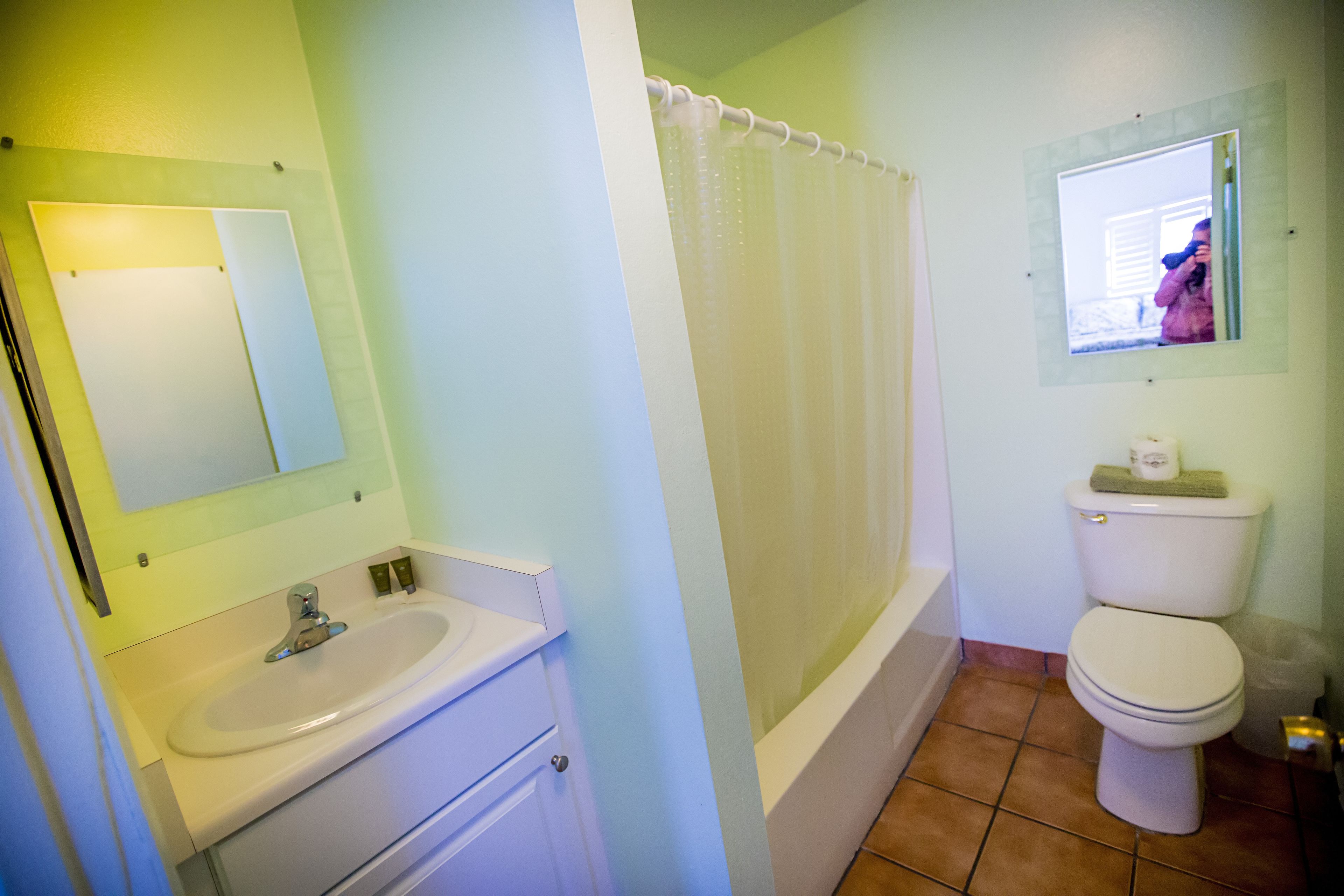 combined shower/bathtub, free toiletries, hair dryer, towels