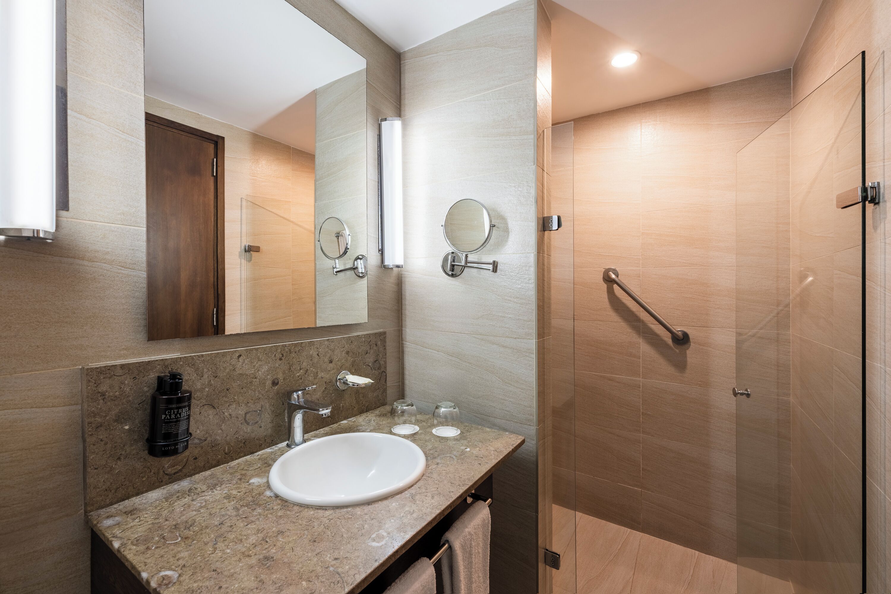 shower, eco-friendly toiletries, hair dryer, towels