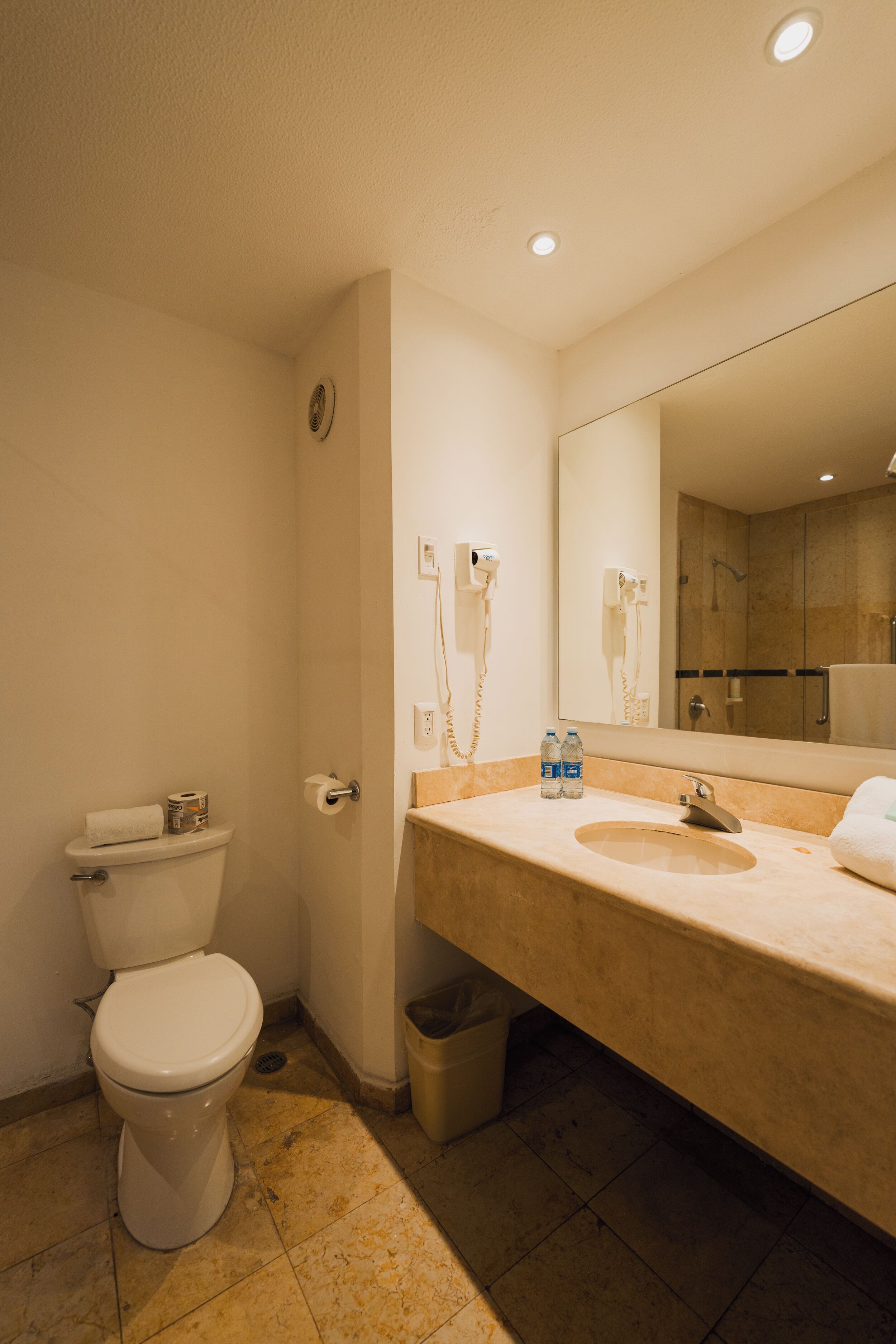A bathroom with a toilet, sink, mirror, and shower.