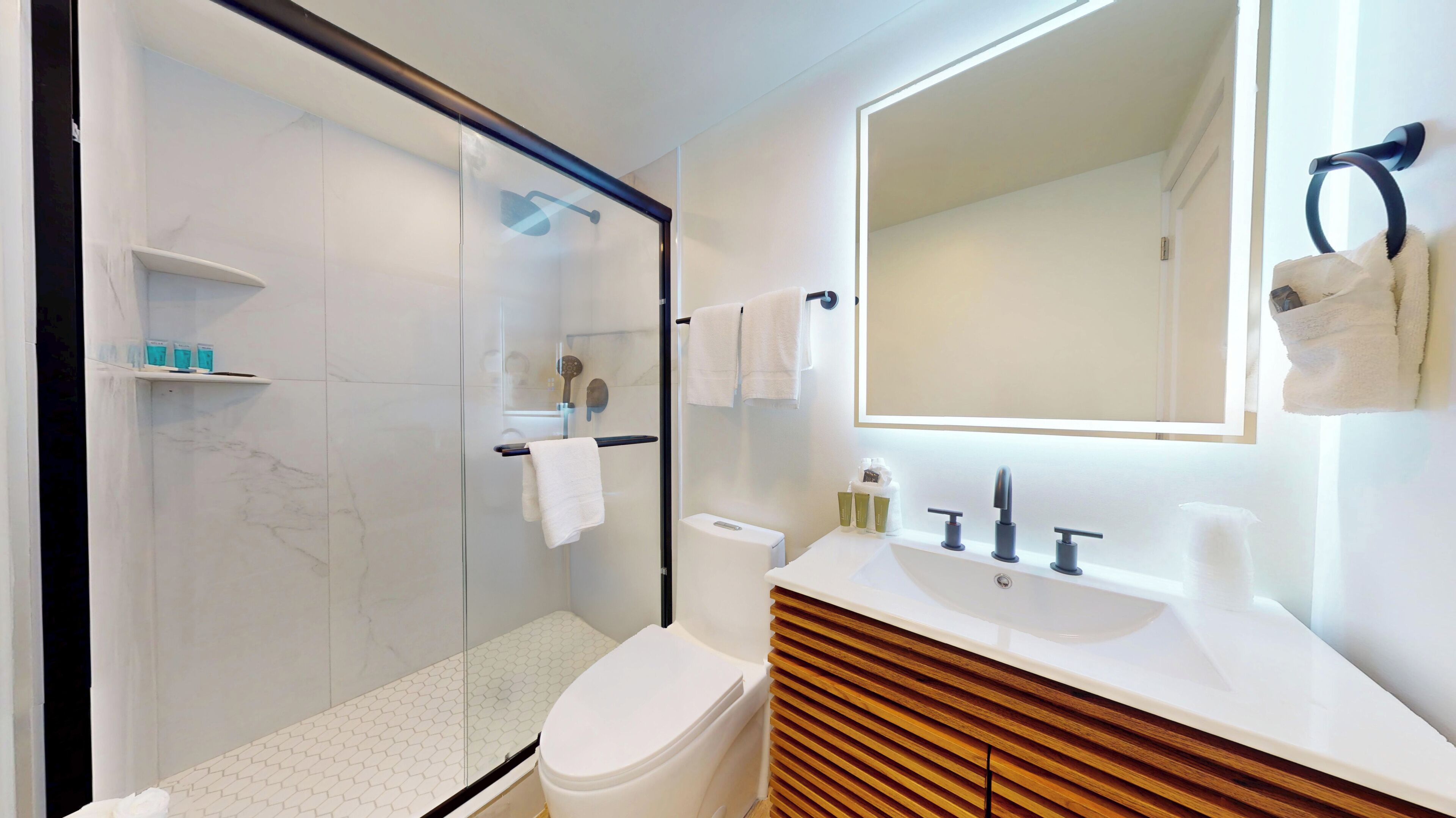 Een moderne badkamer met een douche met glazen wand, een toilet, een wastafel met spiegel en een handdoekhouder.
