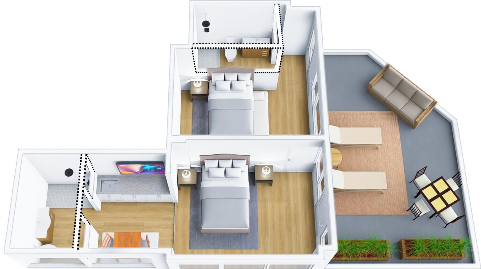 A 3D floor plan of a hotel room with a bed, bedside table, wardrobe, bathroom, and a small balcony.