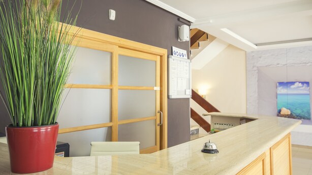 A reception area with a potted plant, a wooden door, a counter, and a painting on the wall. - Azuline Hotel Mediterraneo (Santa Eulalia del Rio)