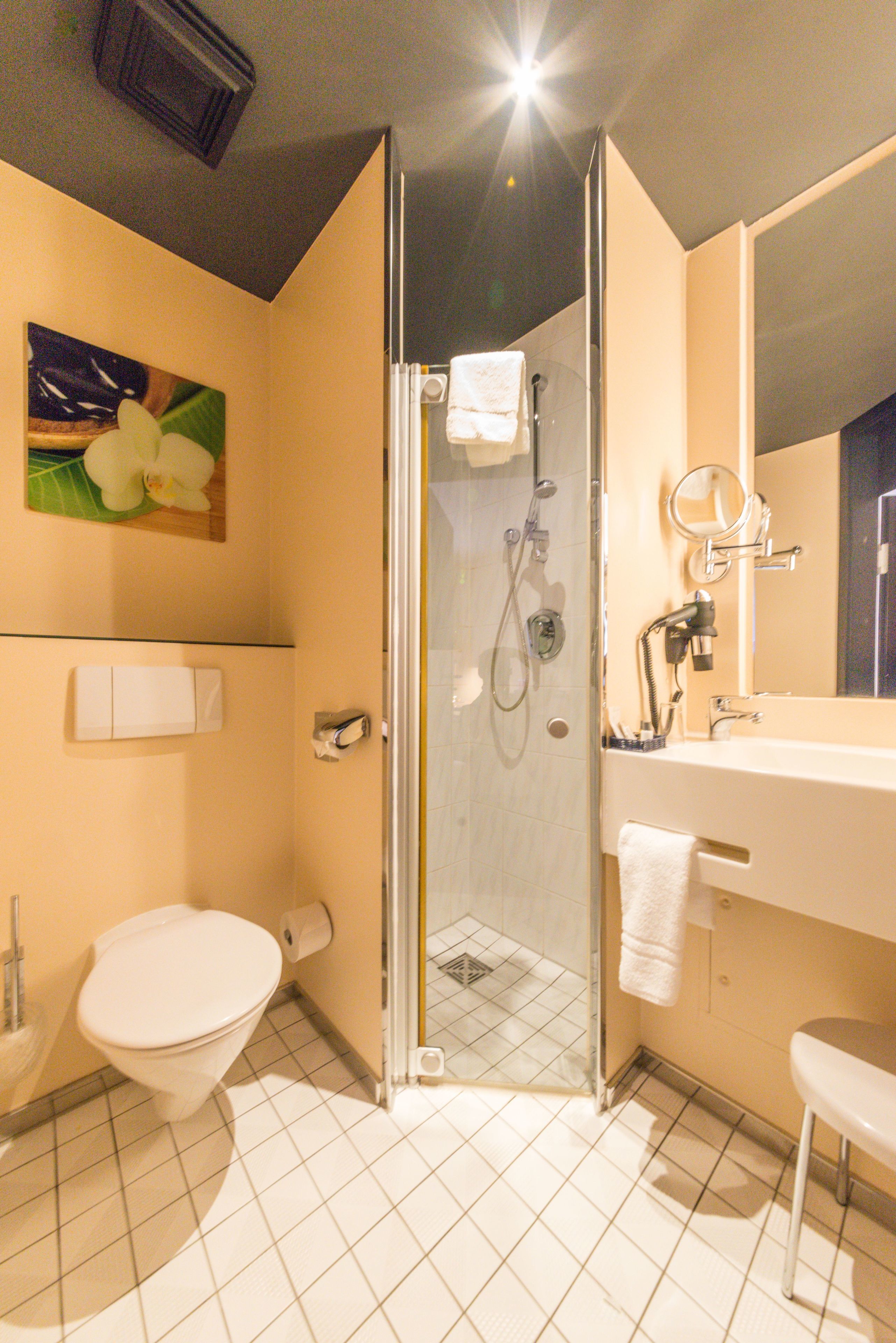 standard room | bathroom | shower, free toiletries, hair dryer, slippers