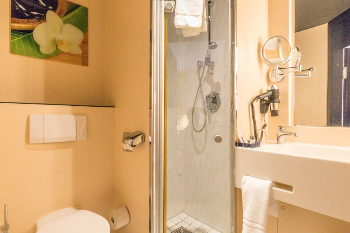 standard room | bathroom | shower, free toiletries, hair dryer, slippers