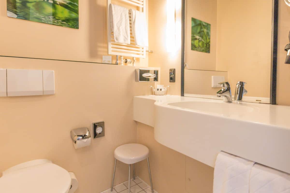 standard room | bathroom | shower, free toiletries, hair dryer, slippers