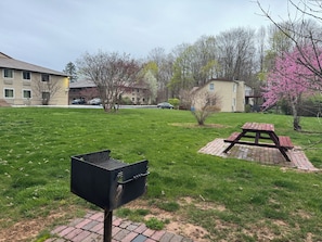 Un espacio al aire libre con césped, una parrilla, una mesa de picnic y un pequeño árbol con flores rosadas.