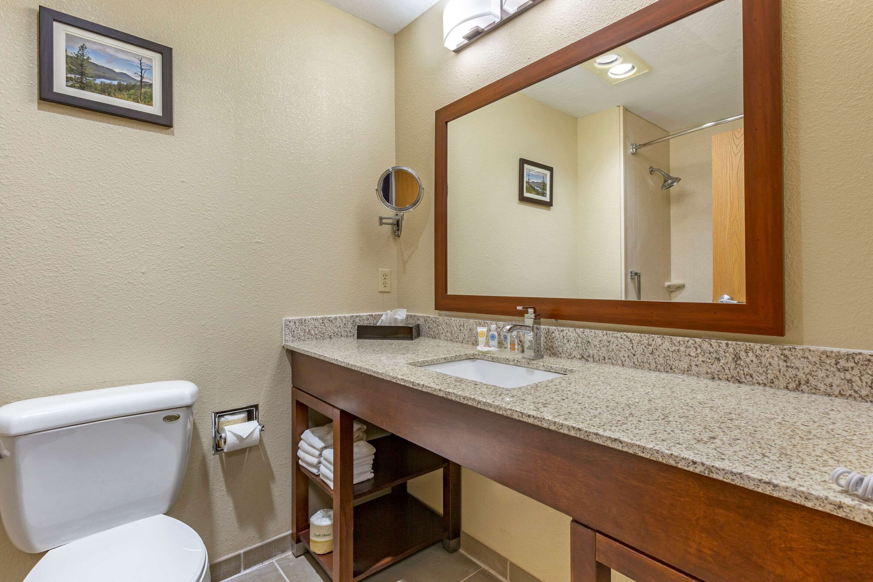A bathroom with a white toilet, a sink with a mirror, and a towel rack.