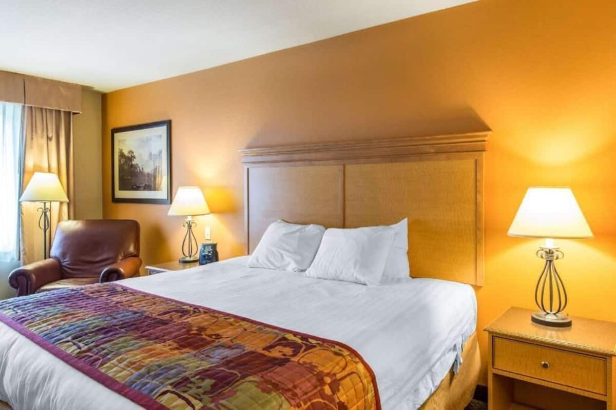 A hotel room with a bed, two bedside lamps, a chair, a nightstand, and a framed picture on the wall.