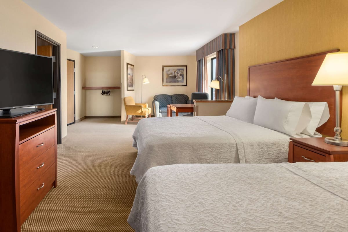 A hotel room with two beds, a TV, a desk, and a chair.