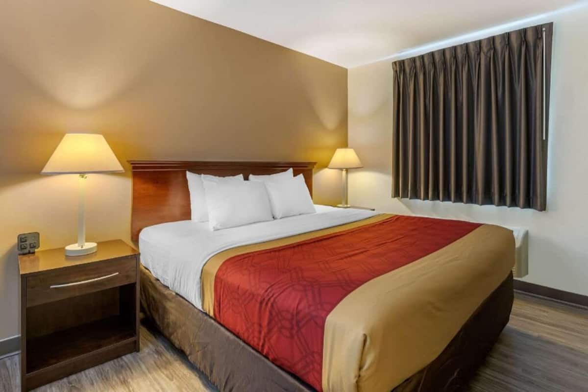 Una habitación de hotel con una cama, dos lámparas de noche, una mesita de noche, una ventana con cortinas y un termostato en la pared.