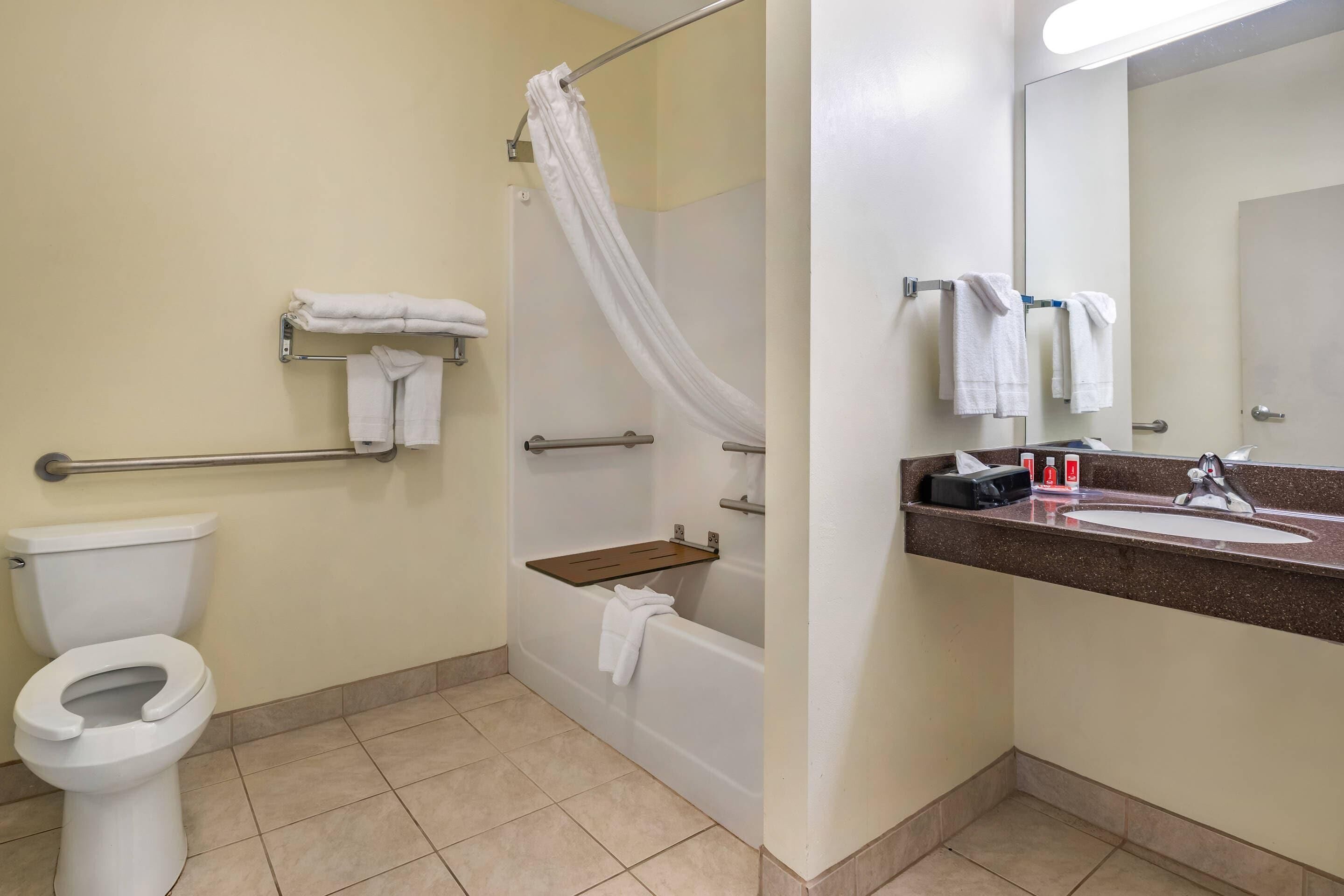 A bathroom with a toilet, a shower with a curtain, a bathtub, a sink with a mirror, and a towel rack.