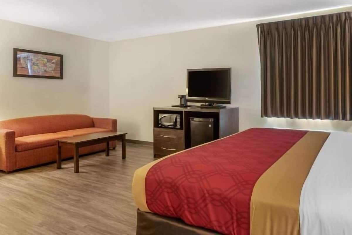 Habitación de hotel con cama, sofá, escritorio con televisor y ventana con cortinas.