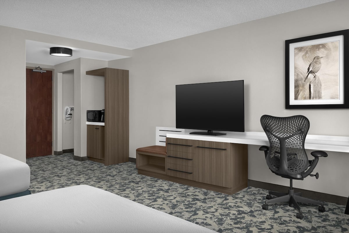 A hotel room with a bed, a desk with a computer, a chair, a TV, and a framed picture on the wall.