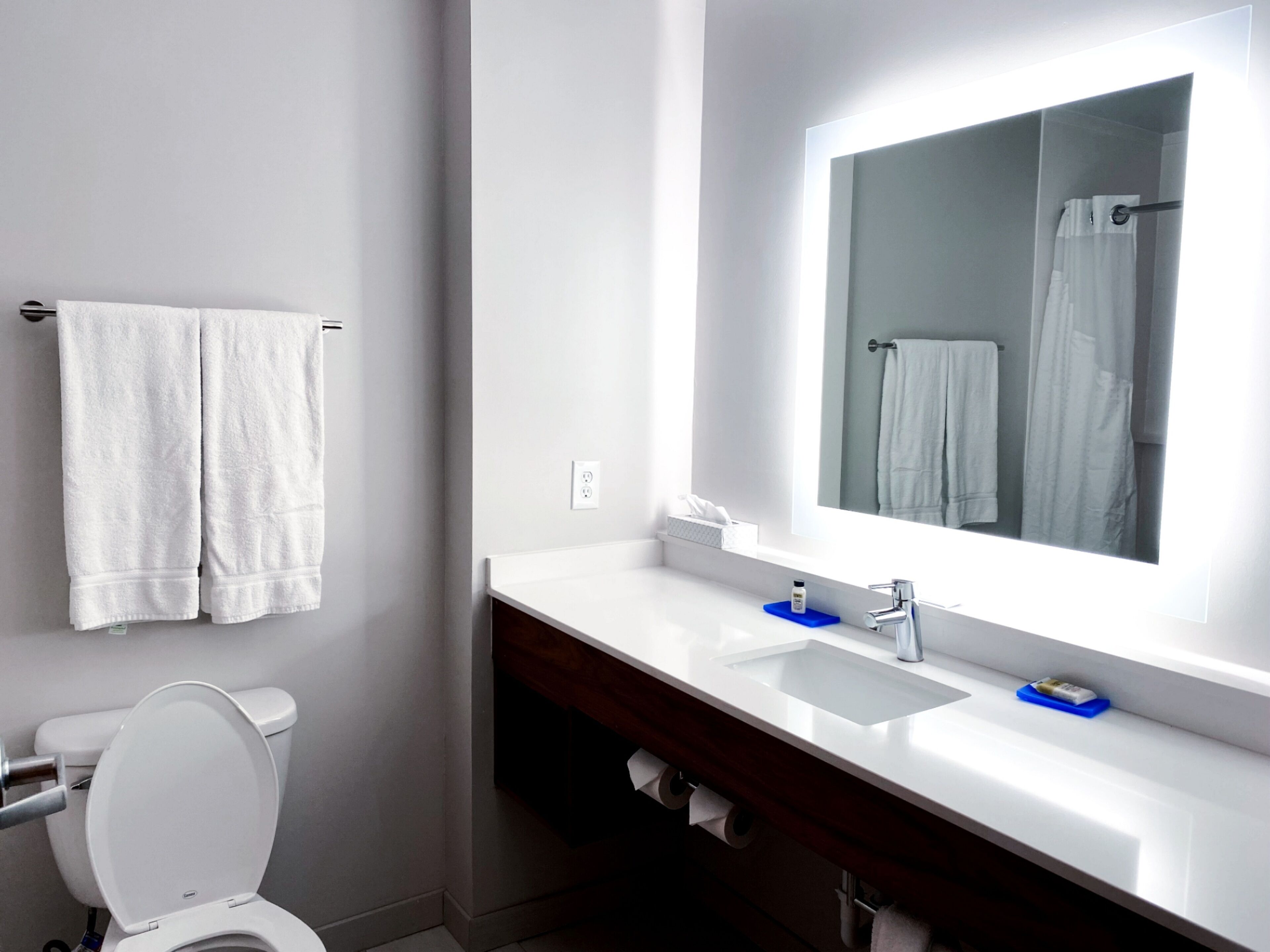 combined shower/bathtub, free toiletries, hair dryer, towels