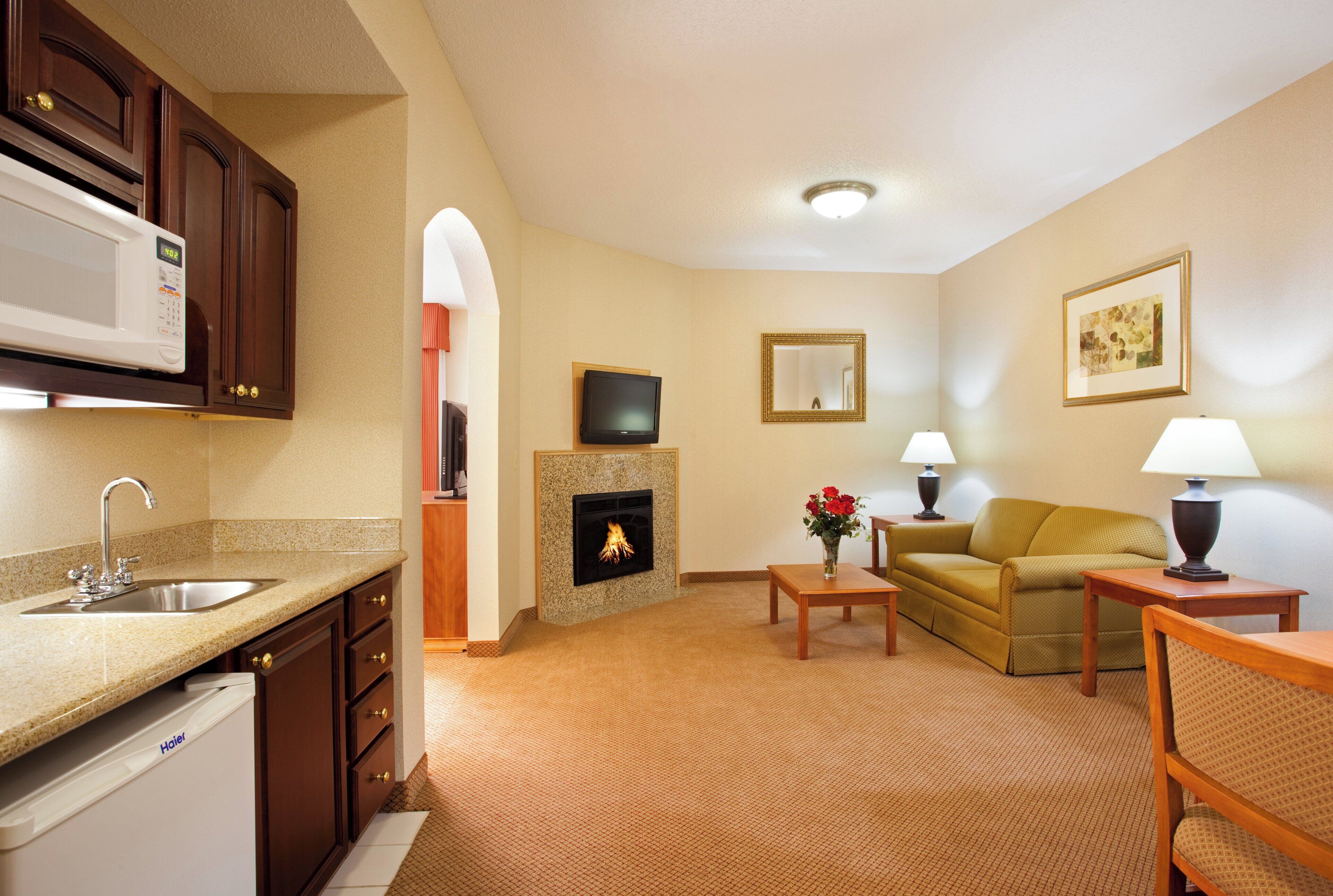 A living room with a fireplace, a television, a sofa, a coffee table, and a kitchen area with a microwave.