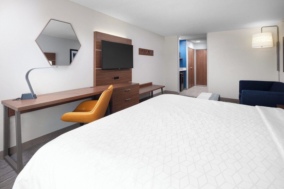 Une chambre d’hôtel comprenant un lit, un bureau avec une chaise, une télévision et un miroir.