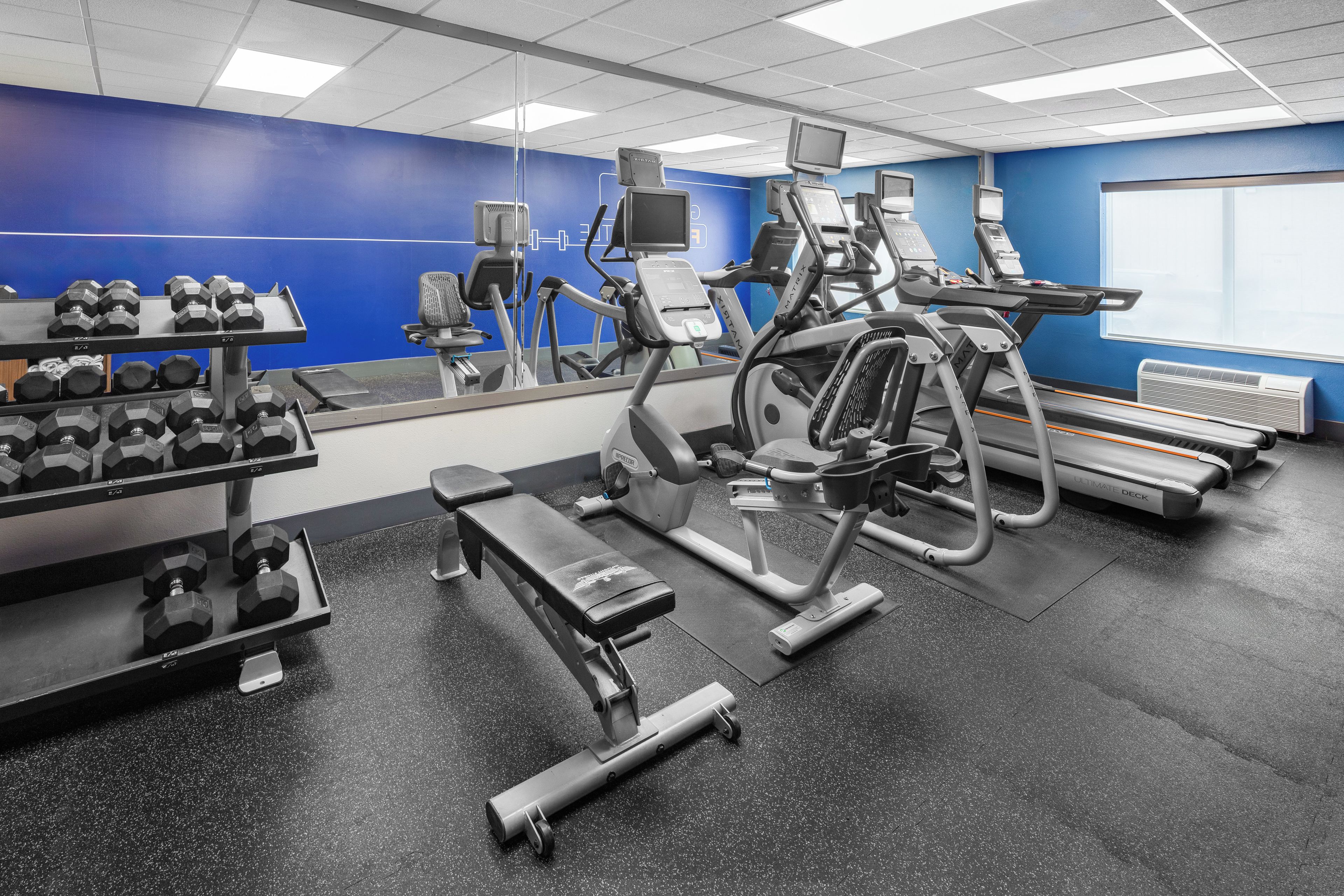 Uma academia com equipamentos de ginástica, um banco e halteres.