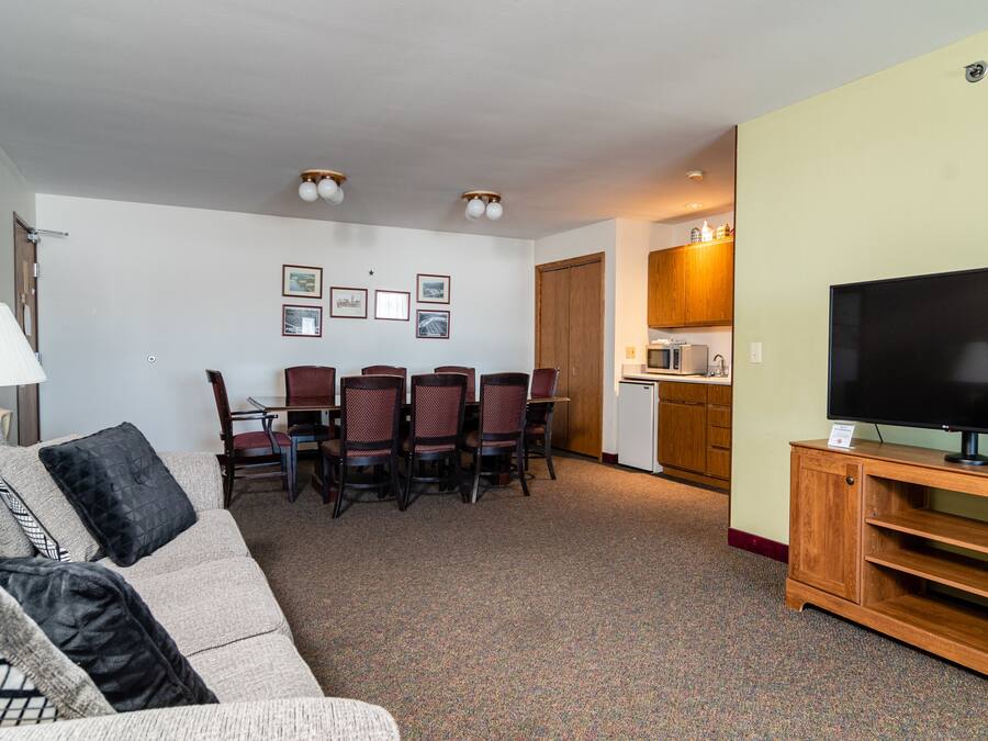A living room with a sofa, a TV, a dining table with chairs, and a kitchen area.